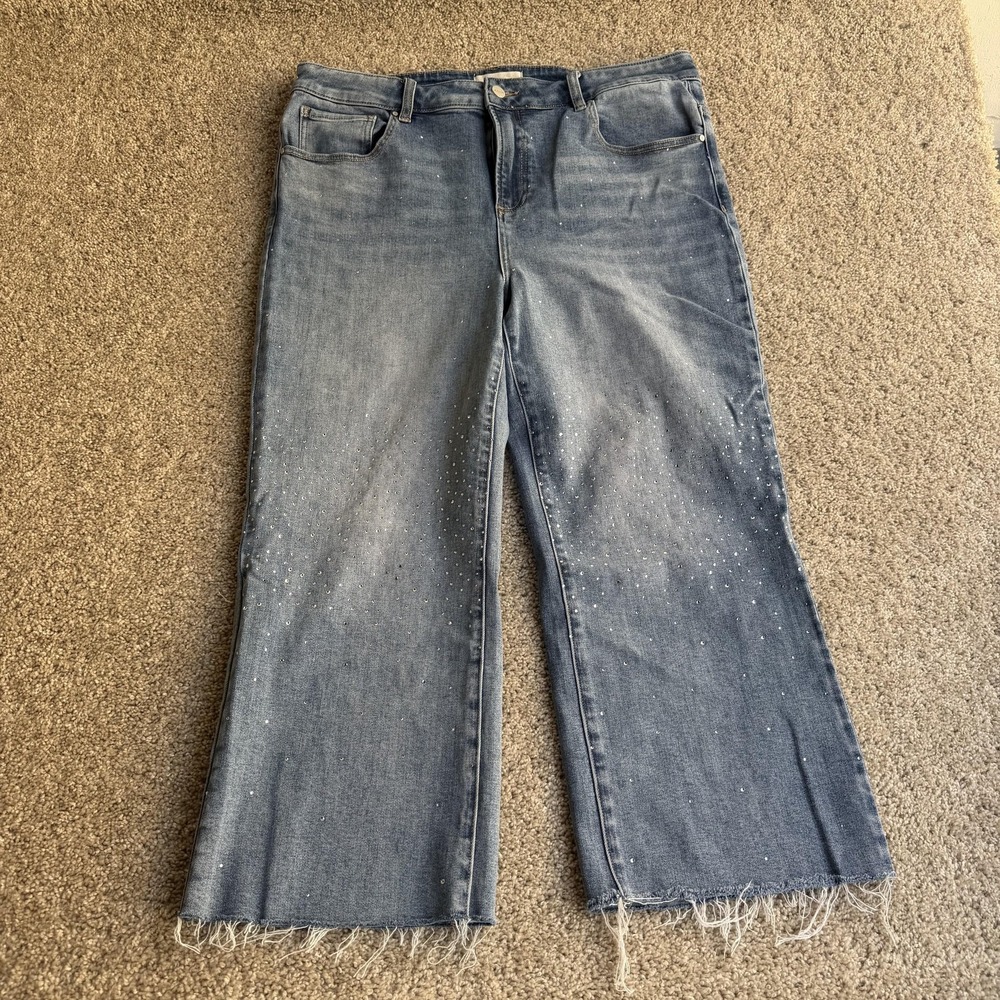 Risen Jeans Wide Leg Jeans Womens 2XL Med Wash Blue Rhinestone Fringe Stretch